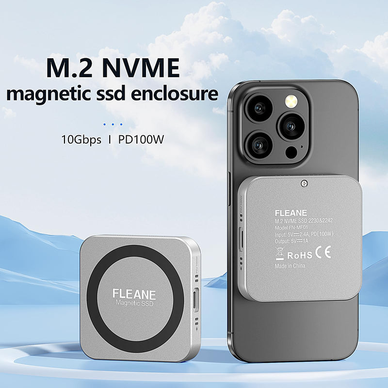 Magnetic M.2 2230 2242 NVMe SSD Enclosure with Turbo Cooling Fan for iPhone 16 15 Pro/Pro Max/Plus ProRes, PD100W,10Gbps Aluminum External SSD Case for MacBook Laptop