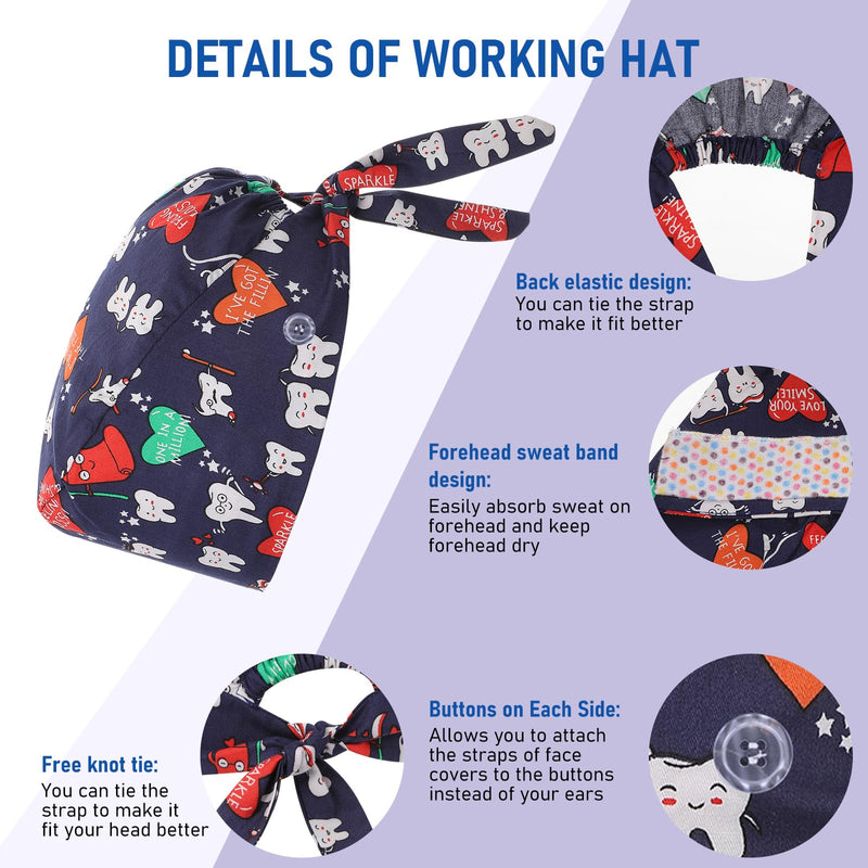 Pack of 3 Adjustable Surgical Cap with Button Work Cap Cotton Print Sick Nurses Cap Unisex Dust Caps, multi-coloured, Unit size cartoon teeth style