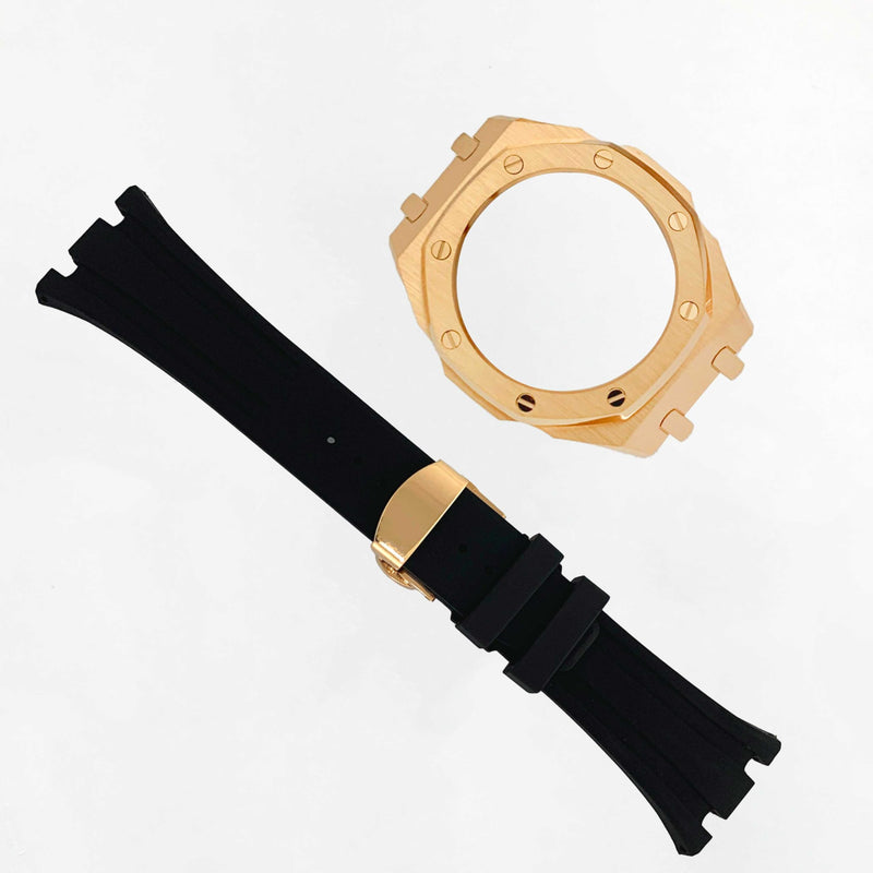 Ga2100 Band Case Strap Mod Kit,Pink Gold Stainless Steel Metal Case Bezel 9 match Color Silicone Band Strap Parts Compatible With Casio G shock Ga-2100 Ga-2110 GAB-2100 Rosegold Case Black Strap yuanding-fba