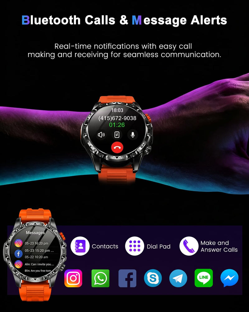 Military Smart Watch for Men, 1.7" AMOLED Display, 1200mAh Battery | Compass & LED Flashlight, Bluetooth Calling, IP68 Waterproof, 100+ Sports Modes, Fitness Tracker, Android & iPhone Compatible