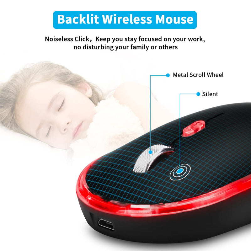 Wireless Backlit Mouse LED Silent Rechargeable Battery with Optical Backlight Switch Compatible Mac Windows 7/8/10 for PC Laptop(Black) black