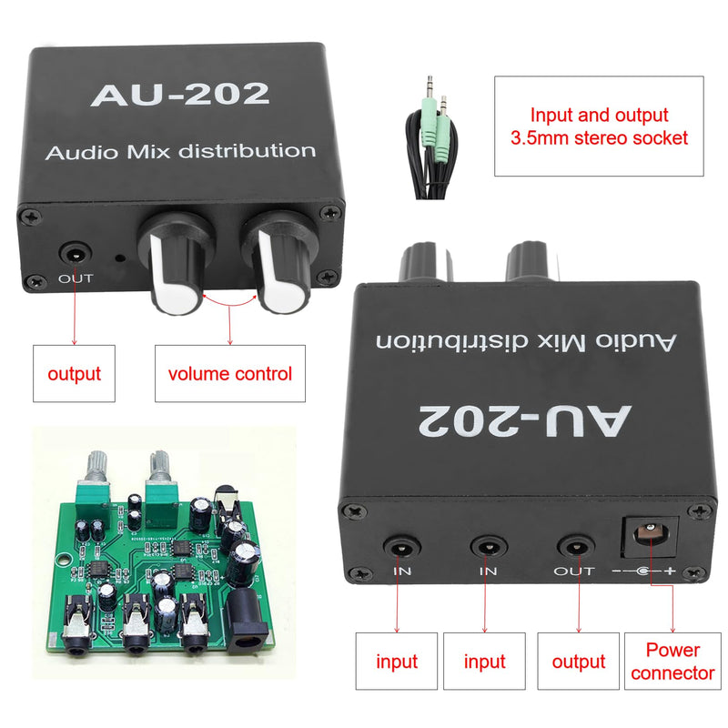 2 Channel Stereo Mixer, 2 in 2 Out Low Noise Independent Volume Control 3.5mm Small Sound Mixer for Headphone DC 5‑24V