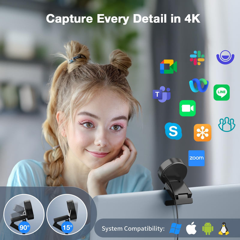 EMEET C950 4K Webcam for PC - 8 Megapixels 4K UHD, PDAF Autofocus, Noise-Canceling Mic, 70° FOV, 1080P@60FPS, Privacy Cover, USB 2.0 Plug&Play, Ideal PC Camera 4K for Zoom/Teams/Skype/Google Meet 4K Updated PDAF Autofocus