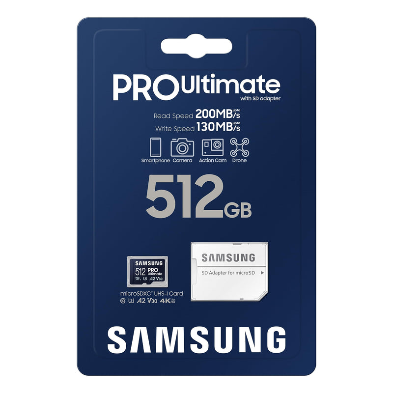 SAMSUNG PRO Ultimate microSD Memory Card + Adapter, 512GB microSDXC, Up to 200 MB/s, 4K UHD, UHS-I, Class 10, U3,V30, A2 for GoPRO Action Cam, DJI Drone, Gaming, Phones, Tablets, MB-MY512SA/AM Micro SDXC PRO Ultimate (200MB/s)