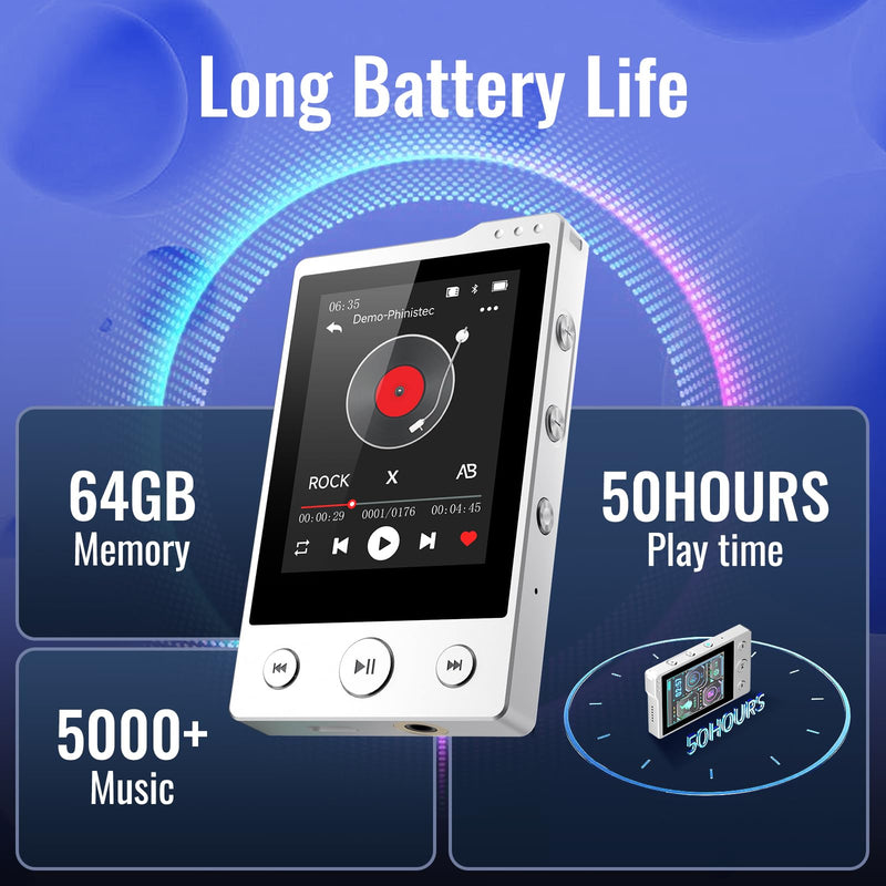 [AUSTRALIA] - 64GB MP3 Player with Sturdy Build & Durable,Aluminum Alloy,Phinistec Portable Mini Bluetooth Music Player with FM Radios,50 Hours Long Battery Life,2.4" Touchscreen,Up to 256GB 