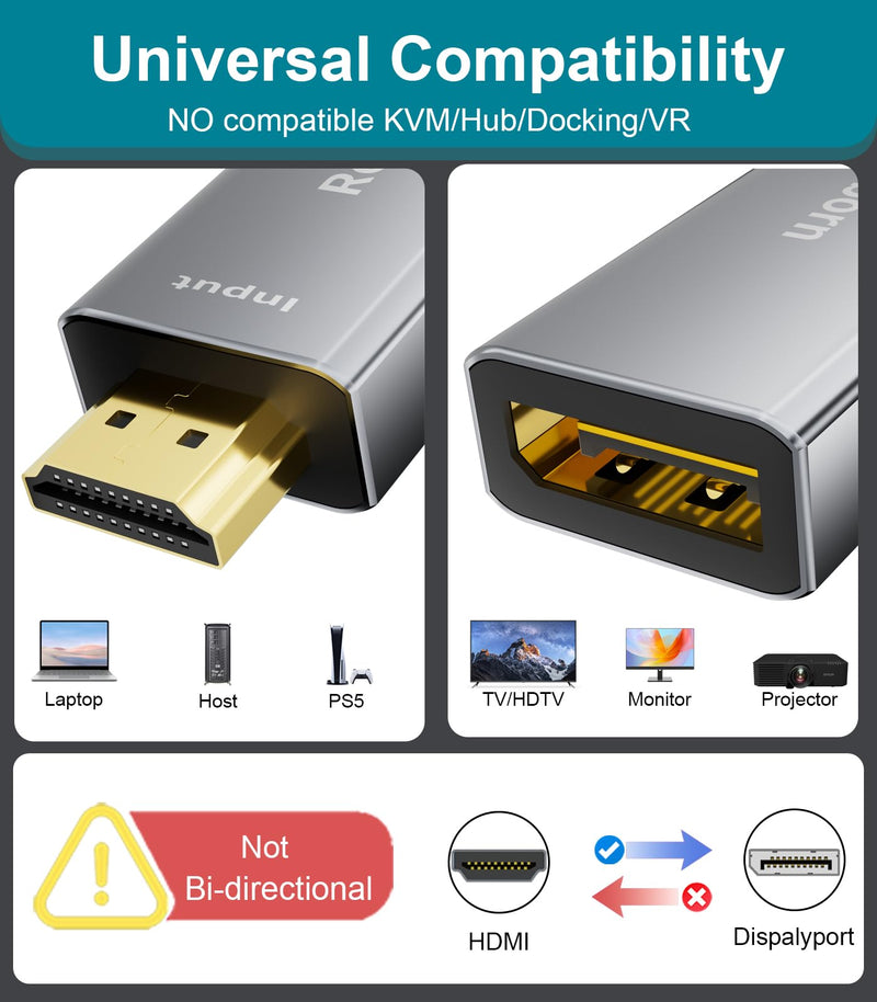 Reborn HDMI to DisplayPort Adapter | 4K@60Hz HDMI (Source) 2.0 Male to DP (Display) 1.2 Female Converter [1 Pack] HDMI to Display Port Adapter Compatible with Laptop,AMD,NVIDIA,PS5,Xbox and More