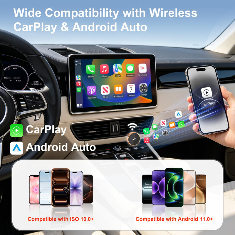 2-in-1 Wireless CarPlay Adapter for iPhone & Android Device, CarPlay Dongle Convert Wired to Wireless, Bluetooth & Wi-Fi, Plug & Play, Zero Latency, Compatible with USB/USB-C (Orange) Orange