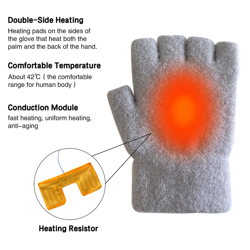 Women's & Men's USB Heated Gloves Mitten Full & Half Fingerless Winter Hands Warmer Laptop Gloves Colorful Grey