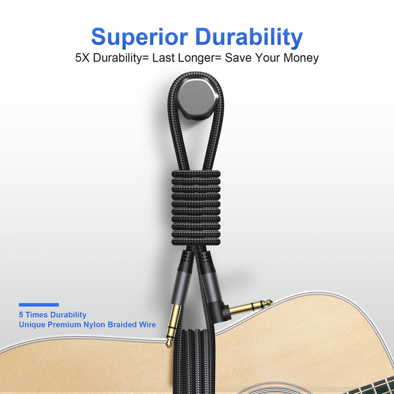 2 Pack Premium TRS Cable 10FT, 1/4 Inch TRS Cable- Noise Free and Long-Lasting AMP Cord for Electric Guitar, Stereo Balanced Interconnect Line for Mixer, Studio Monitor, Right Angle 10 FT Right Angle to Straight Angle Black Grey