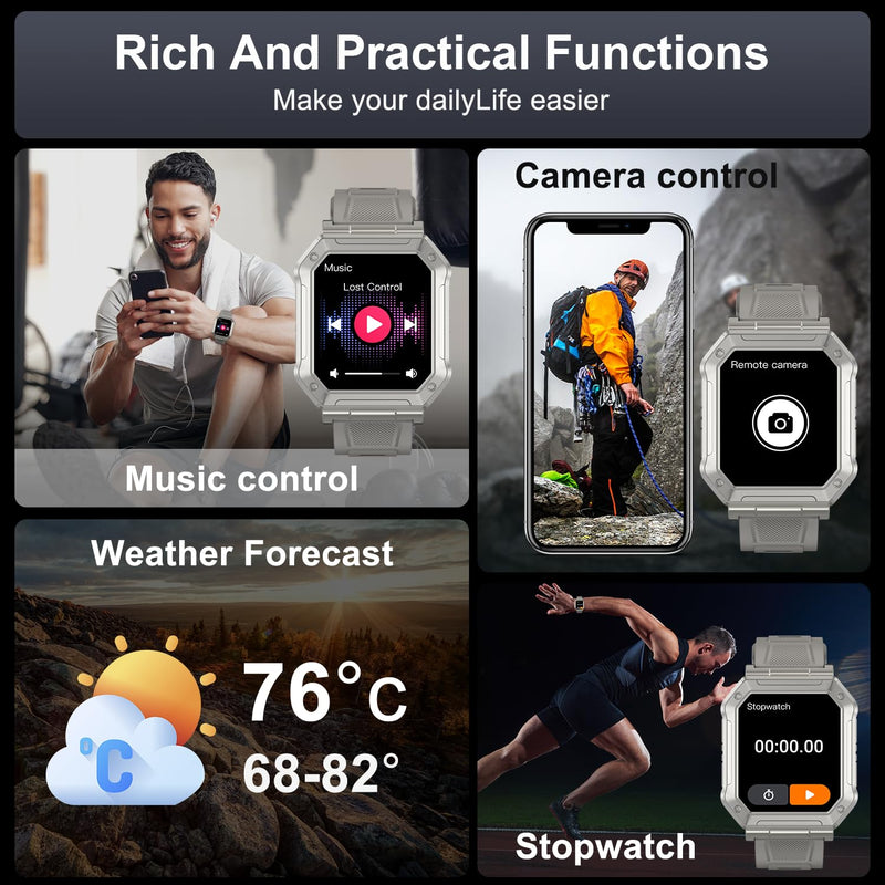Smart Watch for Men Fitness Tracker: Military Smart Watches for Men Digital Mens Watches Make/Answer Call Running Waterproof Smartwatch Android Phones iPhone Samsung Compatible Heart Rate Monitor Grey