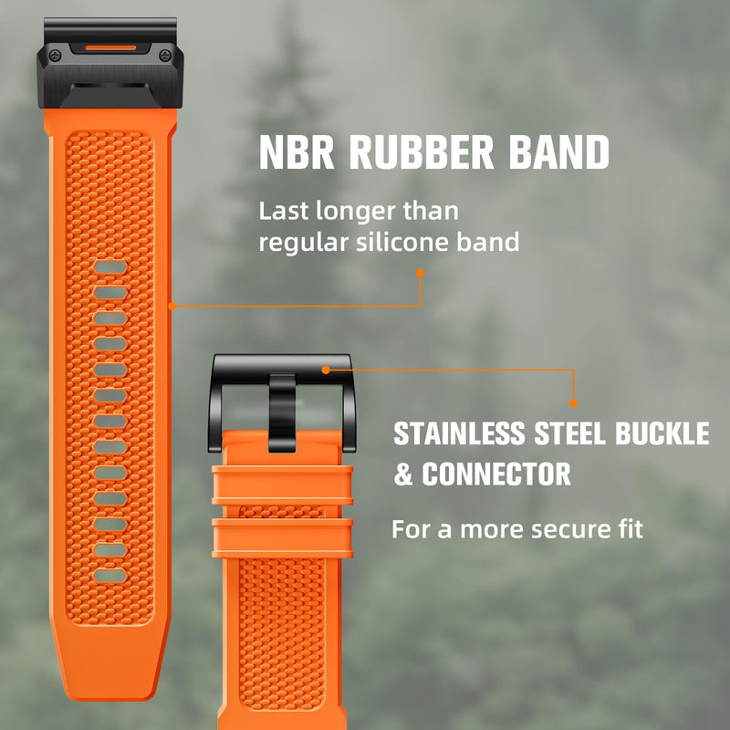 Bandletic Compatible with Garmin Fenix 8 51mm 7X 6X 5X Watch Band | Rugged Rubber Quick Fit 26mm, For Fenix 8 51mm/7X Pro/6X Pro/5X Plus/3 HR/Instinct 2X/Tactix/Enduro/Descent/Epix 51mm Orange