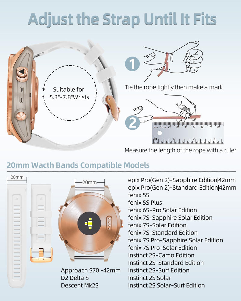 20mm Watch Band for Garmin fenix 5s 6s 7s, Quickfit 20 Bands Rose Gold Silicone WHITE and BLACK Bundle