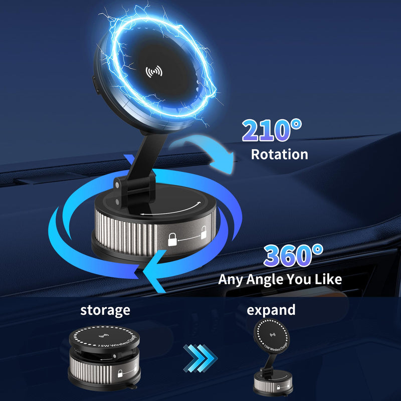 2-in-1 Car Phone Mount with 15W Fast Wireless Charging | 95+LBS Strong Suction & 2400gf Strong Magnetic , 360° Adjustable Car Phone Holder, Phone holders for Your Car