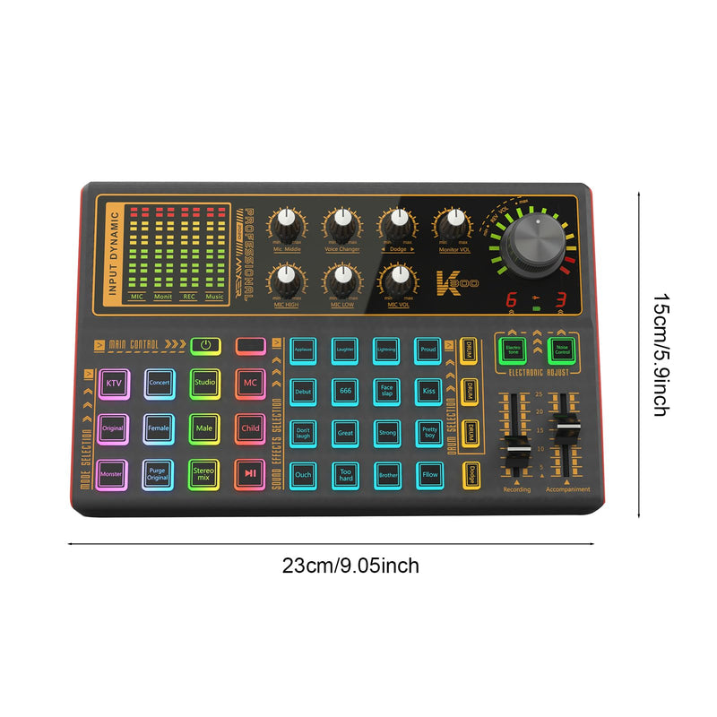 Docooler Professional Audio Mixer, K300 Live Sound Card and Audio with Multiple DJ Mixer Effects, 4 Voice Changes Live Sound Card with Cool 7 LED Light, Prefect for Podcasting/Gaming/Recording/PC