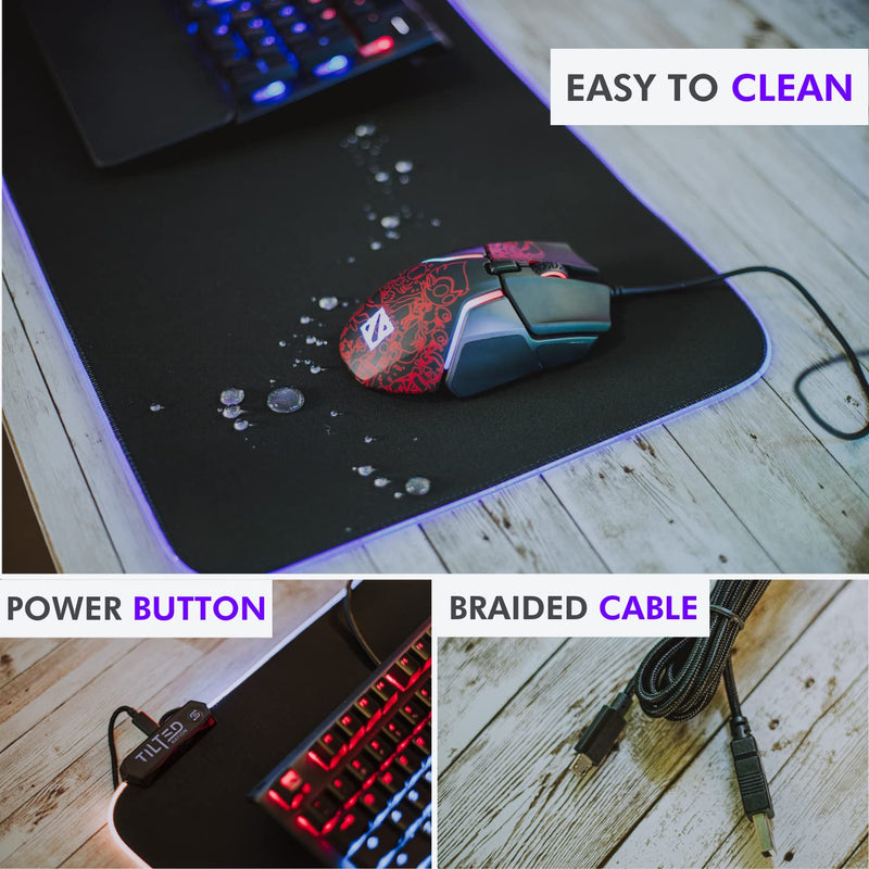 Tilted Nation RGB Gaming Mouse Pad Large - LED Extended Mousepad Desk Mat with 8 Adjustable Light Modes - Computer Mouse and Keyboard Pad - Non Slip Rubber Base, Easy to Clean Water Proof Surface Black with RGB Lighting