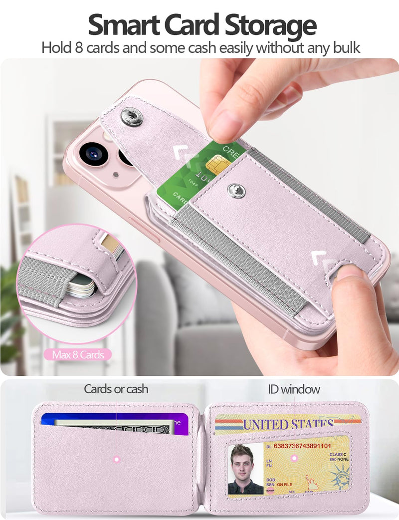 HiWe for Magsafe Wallet Stand - Magnetic Card Holder for iPhone 15/14/13/12 Series, ID Window, 3 Card Slots, Fit 8 Cards, RFID Blocking, Vegan Leather, Pink
