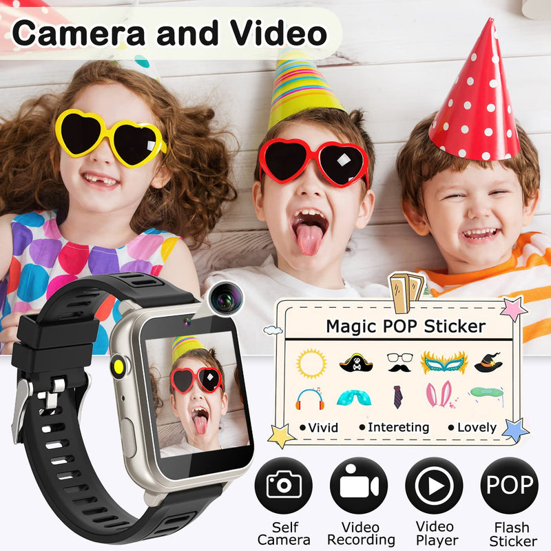 Kids Game Smart Watch for Kids with 24 Puzzle Games HD Touch Screen Camera Video Music Player Pedometer Alarm Audiostory Flashlight 12/24hr Kid Watch Gift for 4-12 Year Old Boys Girls Toys for Kid Silver Black