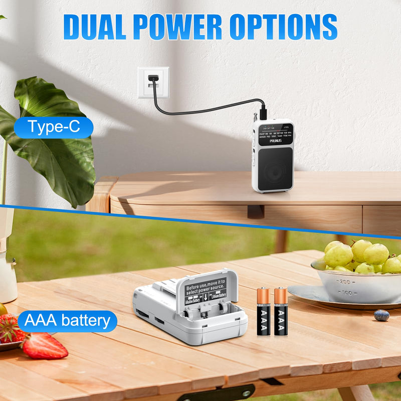 PRUNUS J-555 Pocket Radio AM FM USB-C Charging& Battery Operated, Excellent Reception& Clear Speaker and Headphone Jack, Back Clip, Flashlight, Transistor Radio, Portable Radio AM FM, Mini Radio White