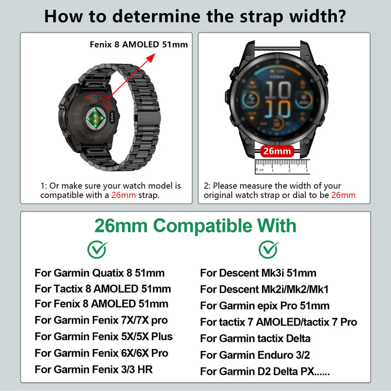 26mm Watchbands for Fenix 8 tactix 8 51mm/Fenix 7X Pro/7X/6X Pro/6X/5X Plus/5X/3 HR/tactix 7 pro/Enduro 3 2/Descent Mk3i 51mm/Mk2i