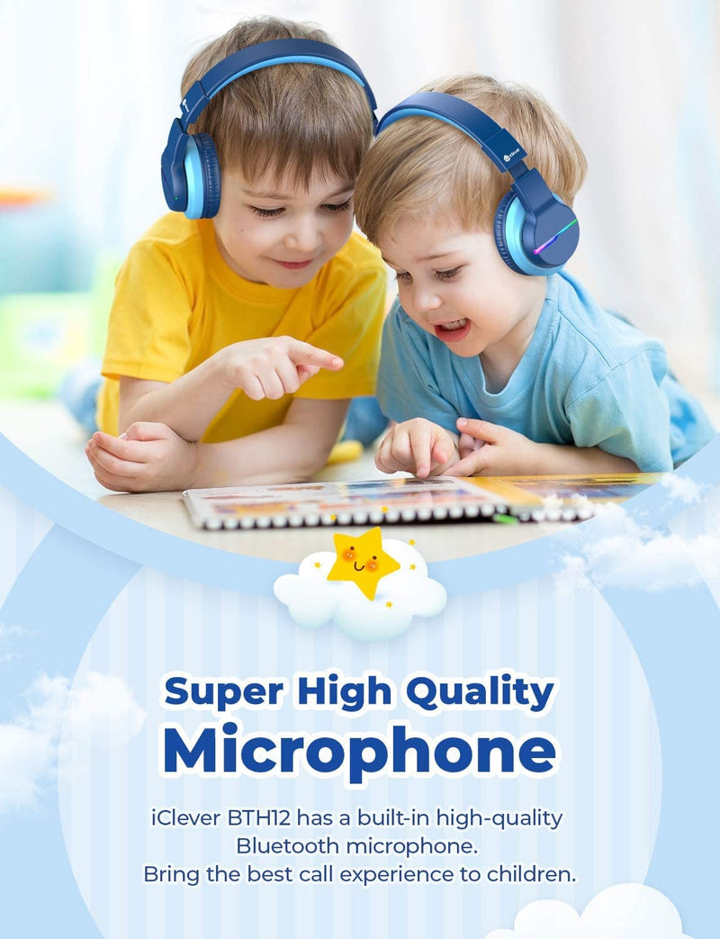 [AUSTRALIA] - iClever BTH12 Kids Bluetooth Headphones,Colorful LED Lights Wireless Kids Headphones,74/85dBA Safe Volume,85H Playtime,Bluetooth 5.2,Over Ear Headphones Built-in Mic for iPad/Tablet/Airplane,Blue Blue 