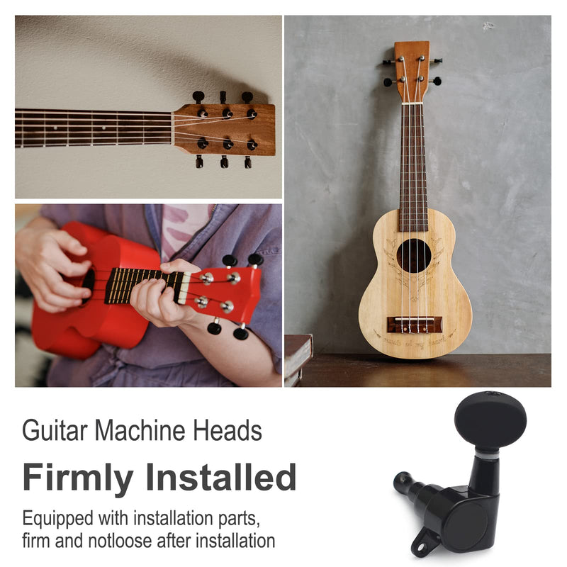 SAPHUE 2R2L Ukulele Tuning Pegs Parts,Small oval Concave Button Sealed-gear String Tuners Tuning Pegs key Machine Heads for Ukulele (Black) Black