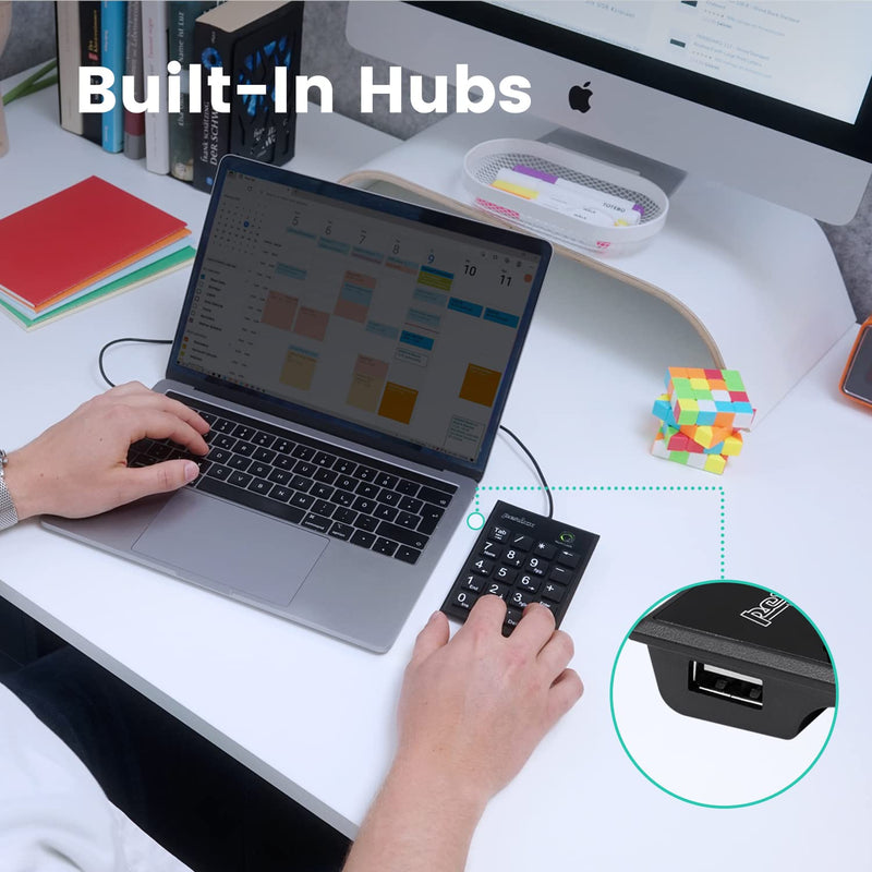Perixx PERIPAD-202C Wired USB-C Slim Numeric Keypad - Scissor Keys with 2 USB-A Hubs and Tab Key - Compatible for Tablet, Laptop, & Desktop - Black USB type C with 2 Hubs