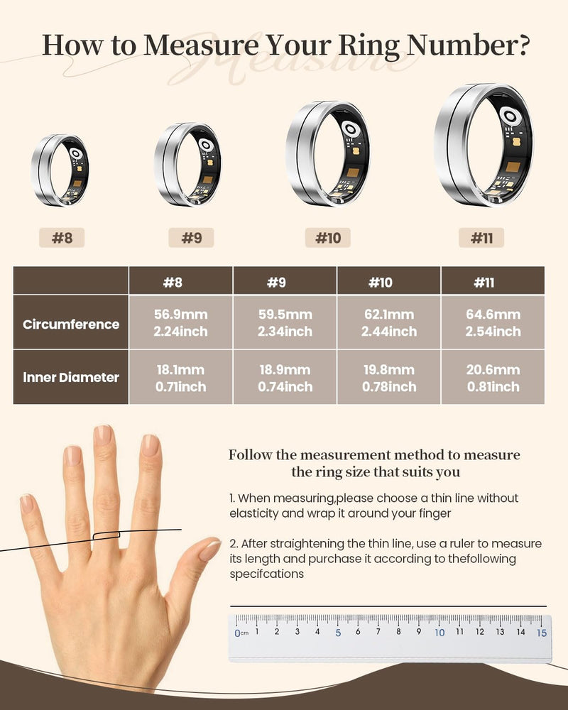 Fvtga Smart Ring for Women Men, Health Tracker with Digital Charging Case, 24/7 Heart Rate SpO2 Sleep Stress Monitoring, IP68 Waterproof Fitness Ring, No Subscription Fee, iOS Android(Silver, 11) Silver