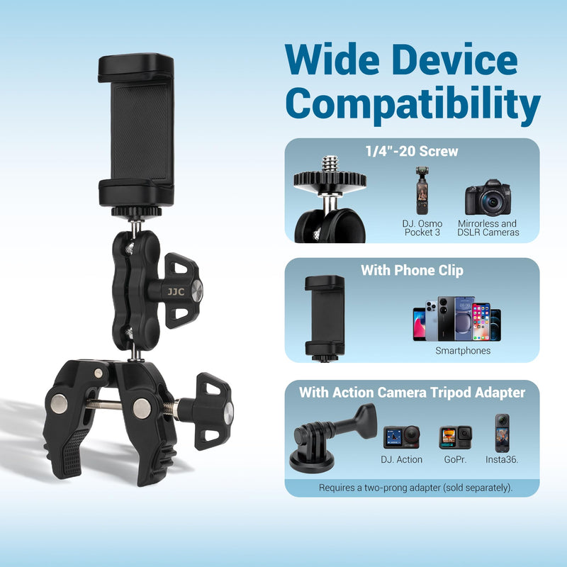 JJC Super Camera Clamp Mount Kit with 1/4'' Ballhead for DSLR DJI Osmo Gopro Hero Insta360 Action Camera Smartphone on Desk Motorcycle Bicycle Bracket Handrail Trolley Cross Bar Flag Vlog Video Record Clamp Kit
