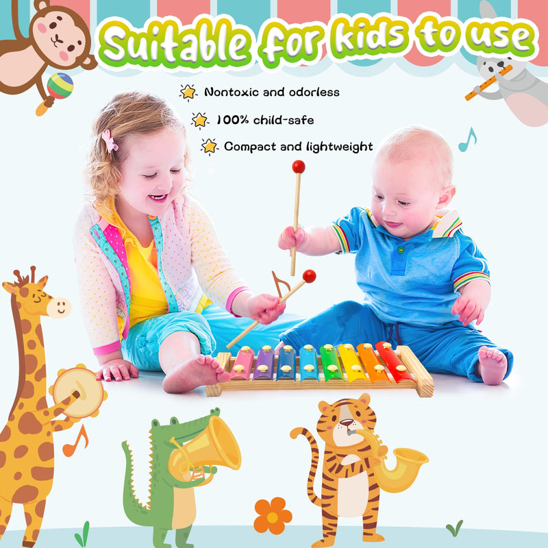 LovesTown Kids Wooden Xylophone 2 Packs, Children Xylophone Toy with Child Safe Mallets 8 Diatonic Keys Xylophone Musical Toys