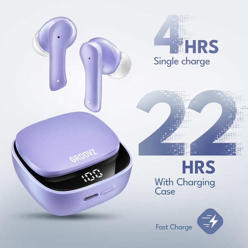 Groovz True Wireless Earbuds with Charging Case - Designed and Engineered in The USA - IPx4 Water Resistant Bluetooth Earbuds Compatible with Apple and Android - 27Hrs Battery Life - Lavender Lavendar