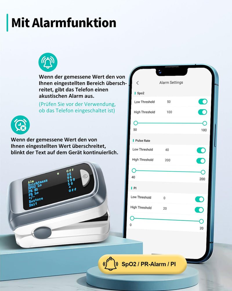 HealthTree Blood Oxygen Saturation Monitor and Heart Rate Monitor for Apple and Android with OLED Screen Included, 2 AAA Batteries and Lanyard Grey