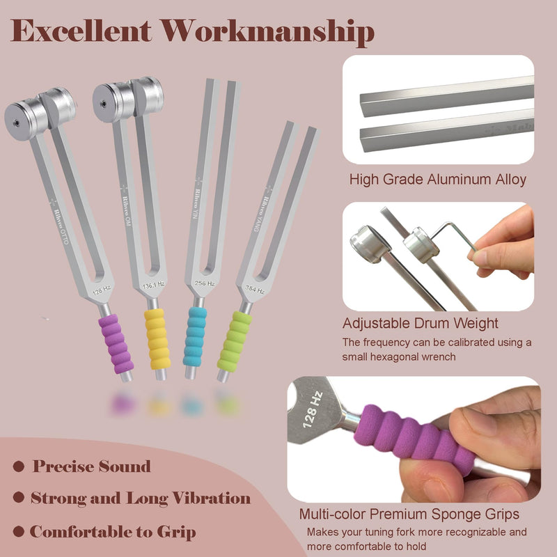[AUSTRALIA] - Tuning Forks for Healing Set (128Hz, 136.1Hz, 256Hz, 384Hz) with Activator & Reflex Hammer, Sound Therapy Instruments for Chakra/Yoga/Meditation, Frequency Healing Devices in Vegan Leather Pouch Silver 