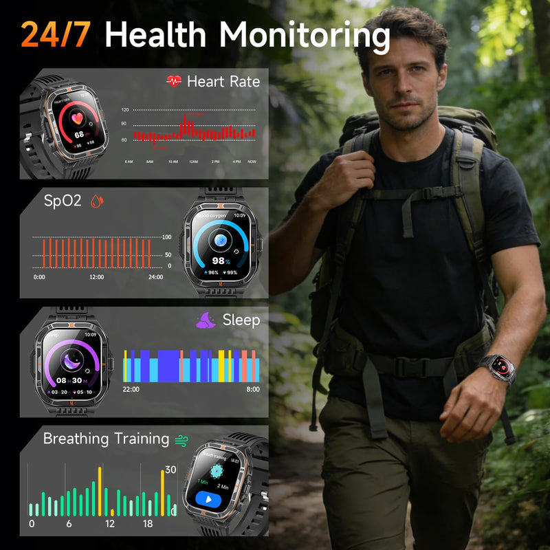 Military Smart Watches for Men, 2.01" HD Smartwatch with 110+ Days Battery/Flashlight/Compass/Bluetooth Calling, Heart Rate/Sleep Monitor, 150+ Sports Modes Fitness Tracker for Android/iOS Black