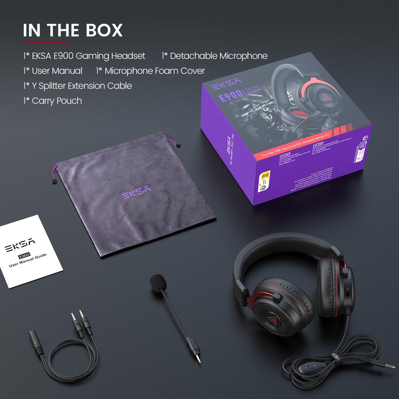 [AUSTRALIA] - EKSA E900 Gaming Headset with Microphone - PC Headset with Detachable Noise Canceling Mic, 3D Surround Sound, Wired Headphone for PS4, PS5, Xbox, Computer, Laptop, Switch, Handheld (3.5MM Jack) Red 