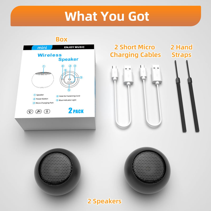 [AUSTRALIA] - 2Pack Portable Mini Speaker, Bluetooth Tiny Speaker,Wireless Micro Speaker for Phone/PC/Tablet, Rechargeable Battery, Built-in Microphone, Cute Mini Speaker with Strap to Carry, Black 