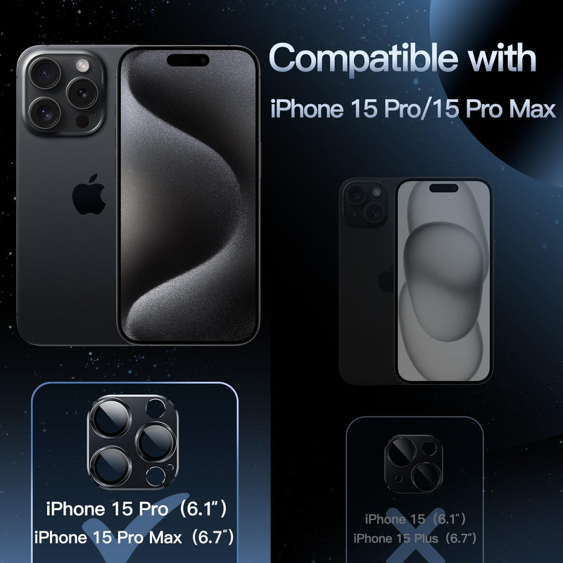 JETech Camera Lens Protector for iPhone 15 Pro 6.1-Inch and iPhone 15 Pro Max 6.7-Inch, Full Coverage 9H Tempered Glass Ring Cover, Matte Metal Plate, Case Friendly, 1-Pack (Space Black) Space Black