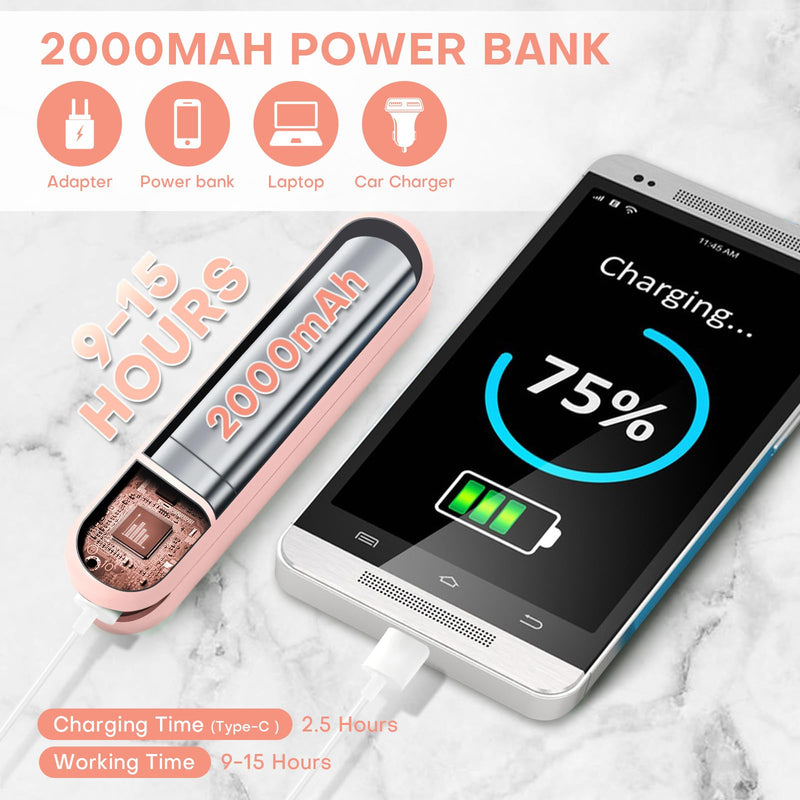 Nezylaf Handheld Mini Fan，Portable Small Pocket Fan，Rechargeable Personal Fan with Power Bank 2000mAh, Travel Essentials for Women Pink