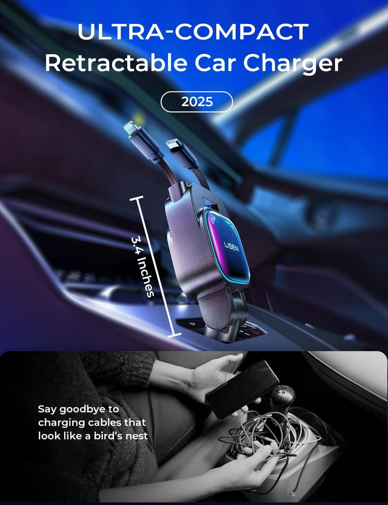 LISEN 96W Fast Charging Retractable Car Charger[USB C Cable & L Cable], 4 in 1 Retractable Car Charger Fast Charging Car Charger for iPhone 17 Pro Max 16 15 14 13, Samsung Galaxy S25/24,Black Black 31.5 Inch