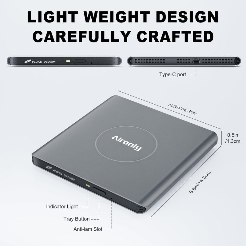 External CD/DVD Drive USB 3.0 Type-C Burner for Laptop Windows Mac | 8x DVD / 24x CD speed • USB‑A cable / USB‑C • Plug & play, no driver • Slim alloy, 0.5″ & 0.75 lb