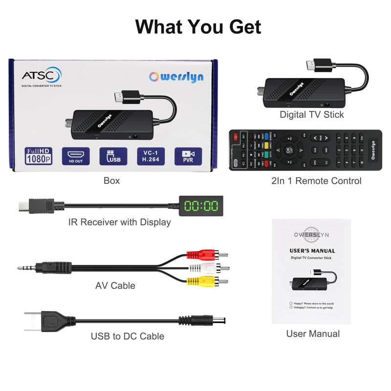 Digital Converter Box for TV, OWERSLYN 1080P Mini ATSC Tuner Box with TV Tuner, Programs Recording & Playback, USB Media Player, HDMI/AV Output, 3RCA Cables, Set Top Box, 2-in-1 Remote (Television)
