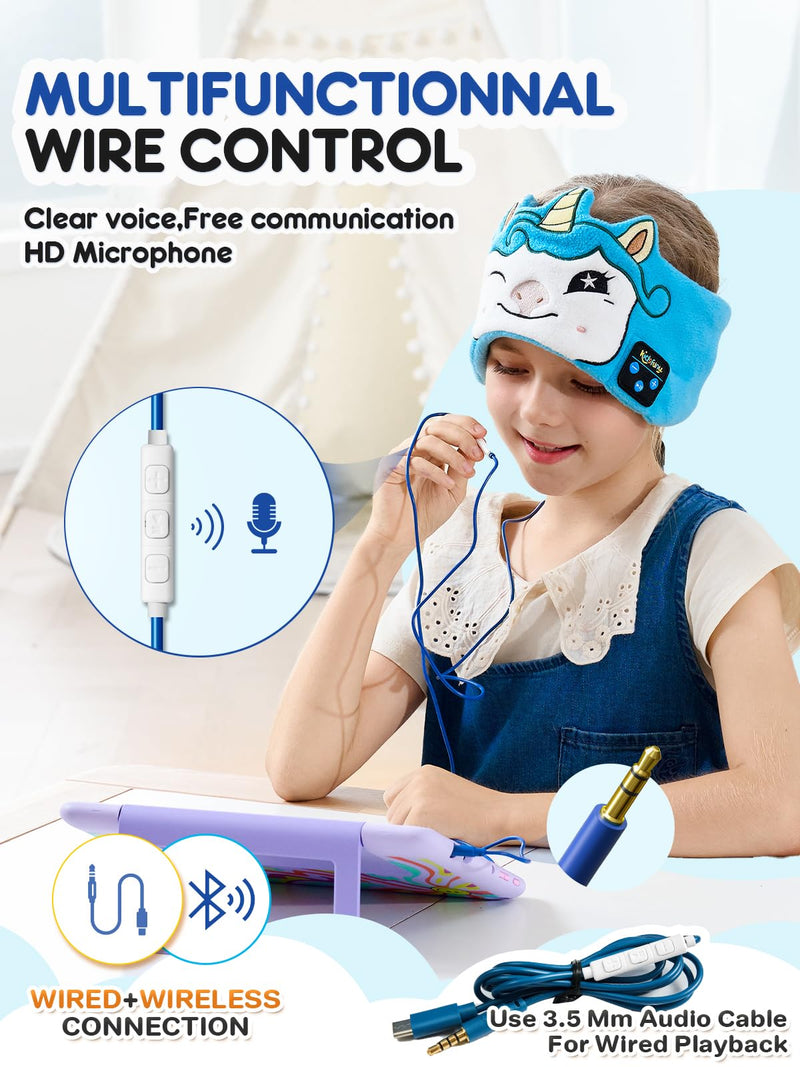 Kids Sleep Headphones Bluetooth Headband, Wireless & Wired Headband Headphones with Ultra-Thin Stereo Speakers for Toddlers Sleeping Airplane Travel BrightBlue