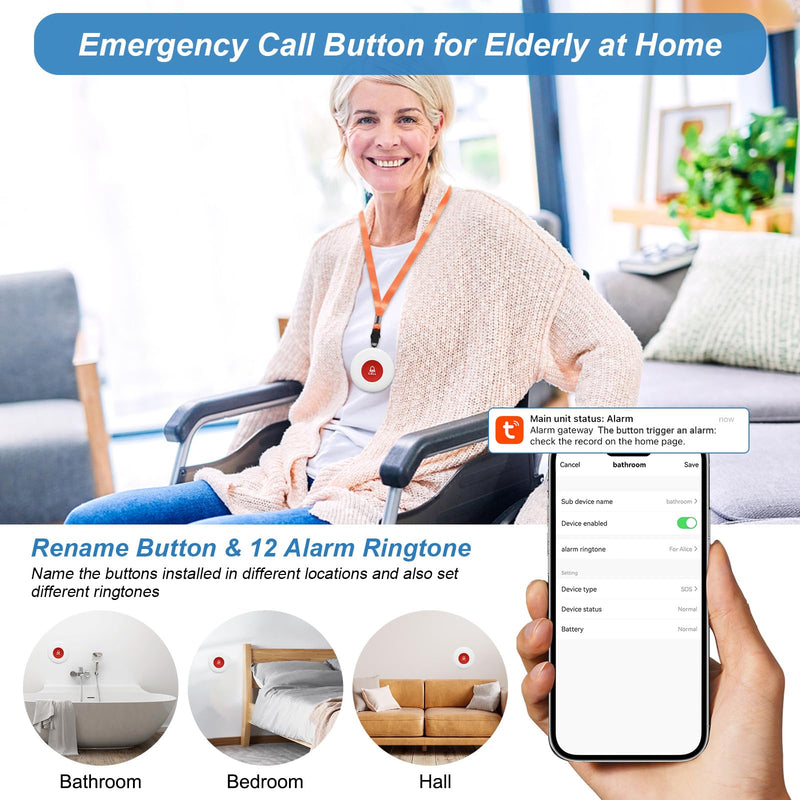 WiFi Rechargable Smart Wireless Caregiver Call Button Nurse Calling Life Emergency Alert System for Seniors Elderly Patient Disabled Kids 3 SOS Panic Buttons 1 Receiver (only Supports 2.4GHz Wi-Fi) 3 Button & 1 Receiver