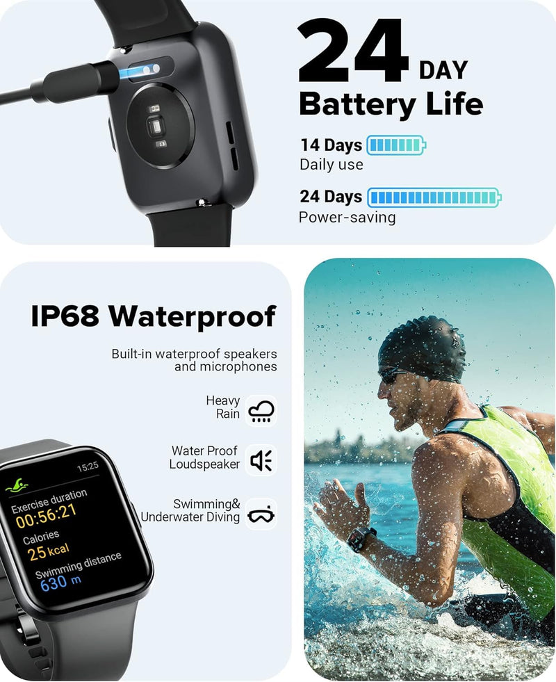Smart Watch for Men Women Android iPhone, Alexa Built-in Fitness Watch with 1.8" LCD Screen & Bluetooth Call (Make/Answer), Heart Rate/SpO2/Sleep Monitor, 100 Sports, IP68 Waterproof Smartwatch Deep Black