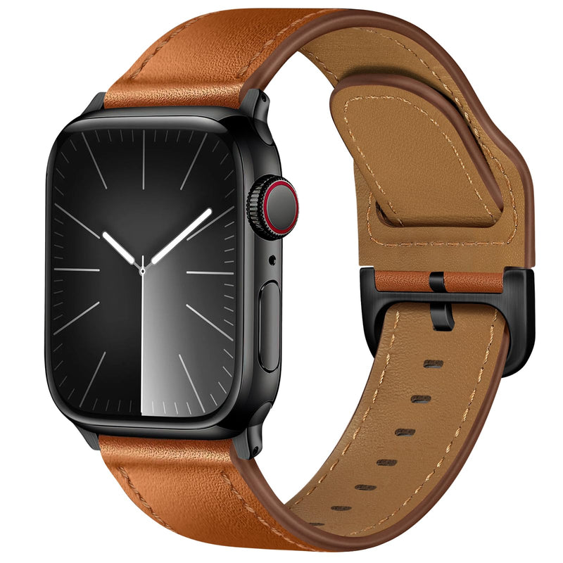 Compatible with Apple Watch Bands 42mm (Series 10) 41mm 40mm 38mm for Men Women, Top Grain Genuine Leather Band Strap Wristband for iWatch, Black/Black+Retro Brown/Black
