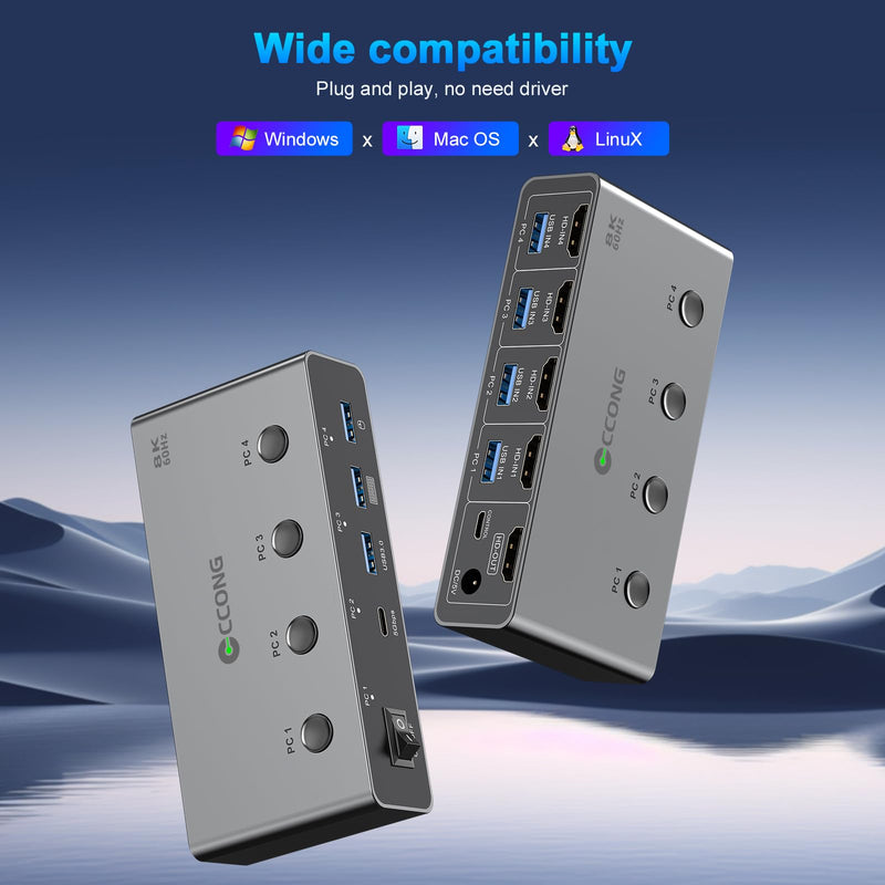 5G USB3.0 HDMI KVM Switch 4 Computers 1 Monitor, KVM Switch 4 Port,8K60Hz | with 3 USB3.0 and 1 USBC Ports Share Monitor Keyboard Mouse Printer, with 4 USB 3.0 Cables and Extended Controller Gray 13.5 cm 8K 4 PC 1 Monitors