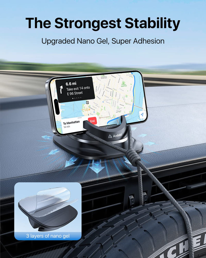 andobil 2026 Upgraded Car Phone Holder Mount, Ultra Stable & Silicone Phone Holders for Your Car 360° Rotatable Dashboard Cell Phone Holder Mount for iPhone 17 Pro Max/16/15/14/13/12/ Samsung Black