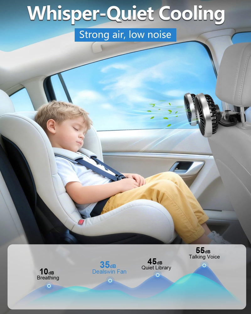 Dealswin Car Fans for Backseat Kids: USB Lightweight Dual Head Car Fan for Back Seat Baby Pets, 3 Speeds 360° Rotatable Fan for Car Powerful Car Cooling Fan Vehicle Headrest Fan for Sedan SUV RV Truck Black
