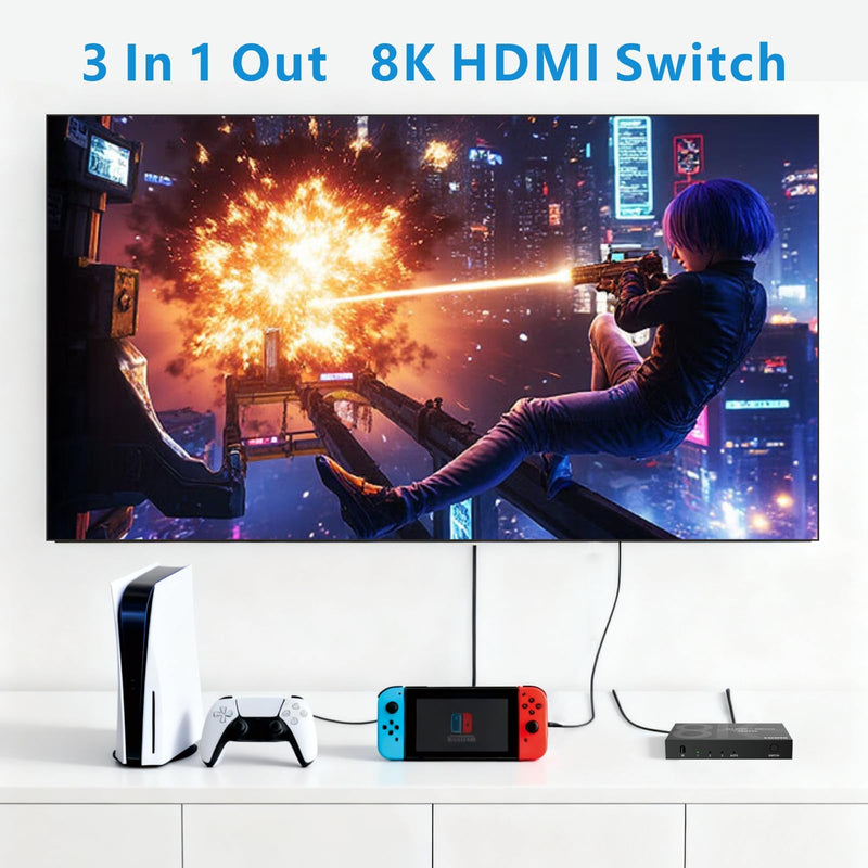8K HDMI Switch 3 in 1 Out 4K@120Hz HDMI Switcher Support HDR10+, Dolby Vision, Dolby Atmos, VRR, ALLM, CEC