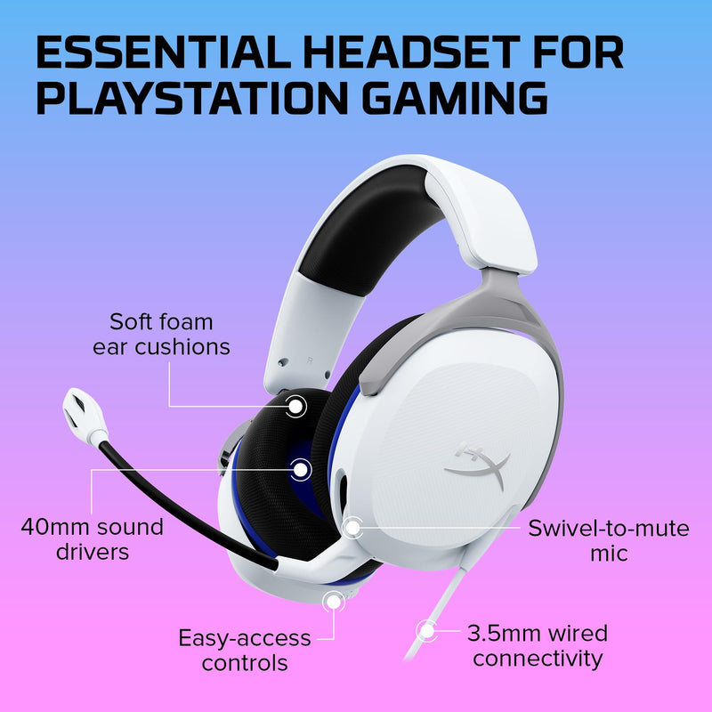 HyperX Cloud Stinger 2 Core - Gaming Headset for Playstation, Lightweight Over-Ear Headset with mic, Swivel-to-Mute Function, 40mm Drivers - White Wired