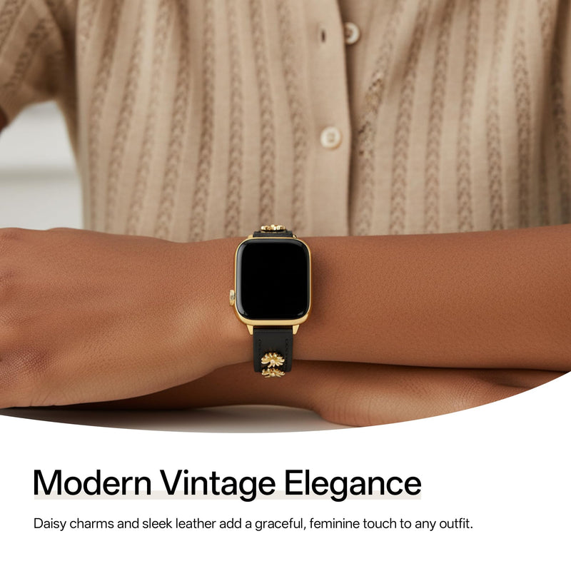 Daisy Genuine Leather Watch Band for Women Compatible with Apple Watch 38/40/41/42/44/45/46/49mm, for iWatch 11/10/9/8/7/6/5/4/3/2/1 Ultra SE, Copper Flower Strap Black & Gold 42(Series 10-11)/38/40/41mm